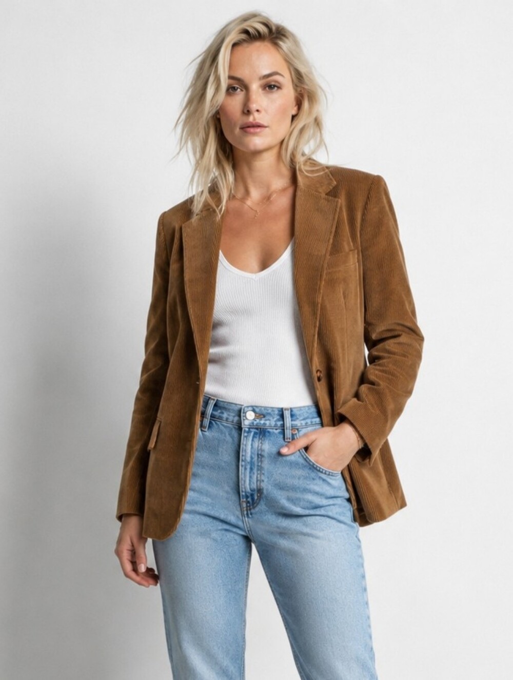 Vintage 80s Camel Brown Corduroy Blazer Jacket Womens 14 Academia Career Chic